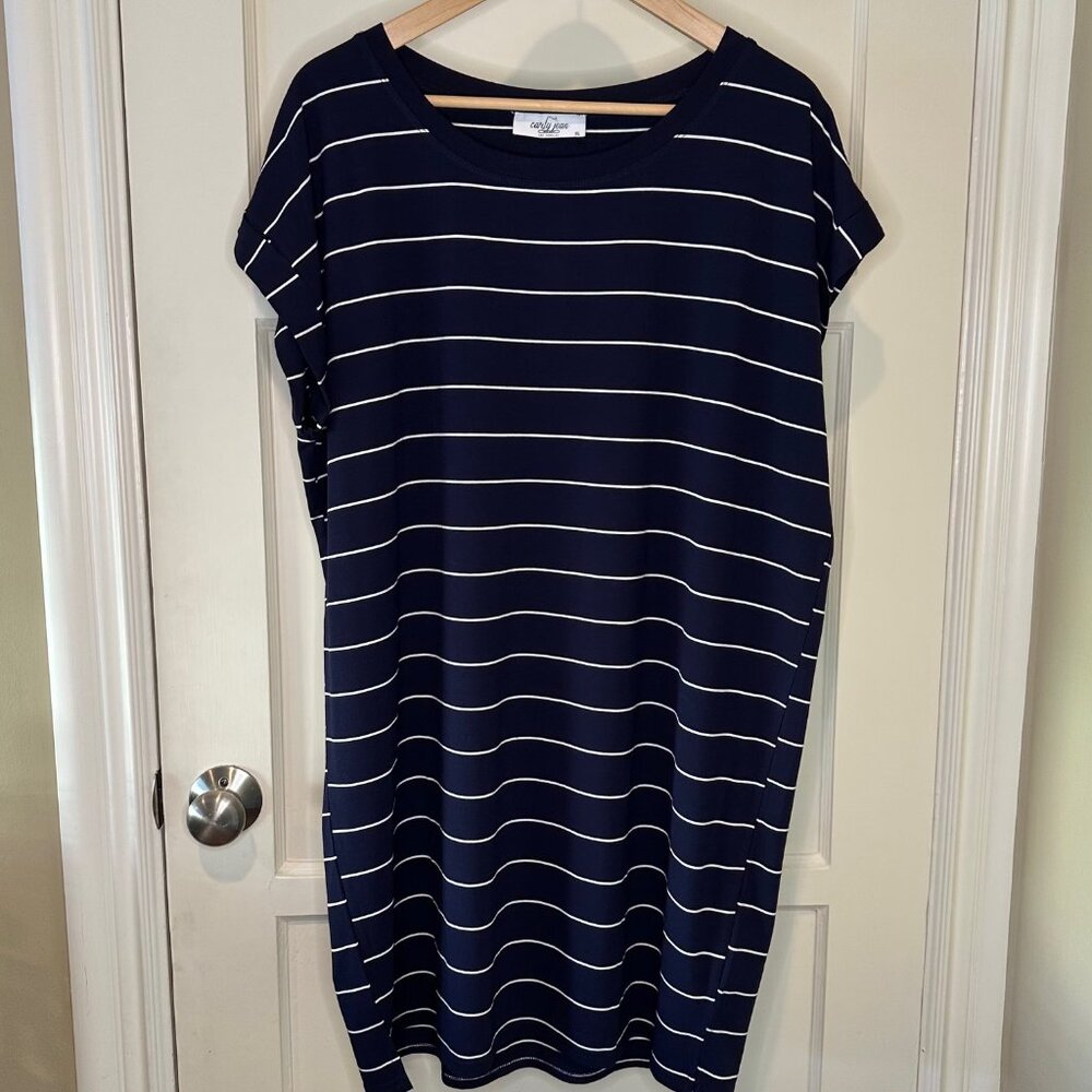 Carly Jean Los Angeles Navy Blue and White Striped T-Shirt Dress